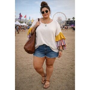 DAVI & DANI Cream Blouse with Mustard and Multicolor Ruffle Sleeves
